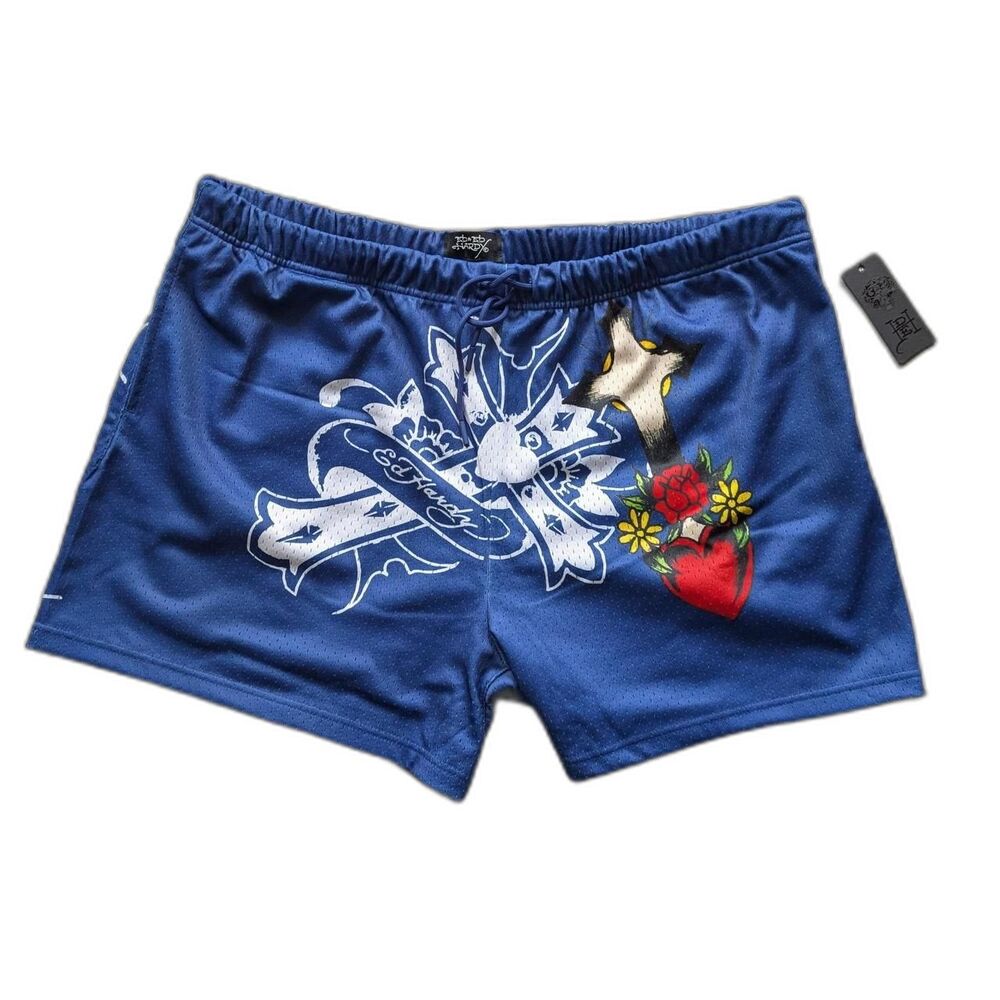 Ed Hardy Tattoo Print Blue Shorts with Drawstring Closure Men's size XXL NEW!